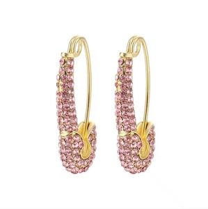 Rhinestone Crystal Pink Safety Pin‎ Earrings - Brand New